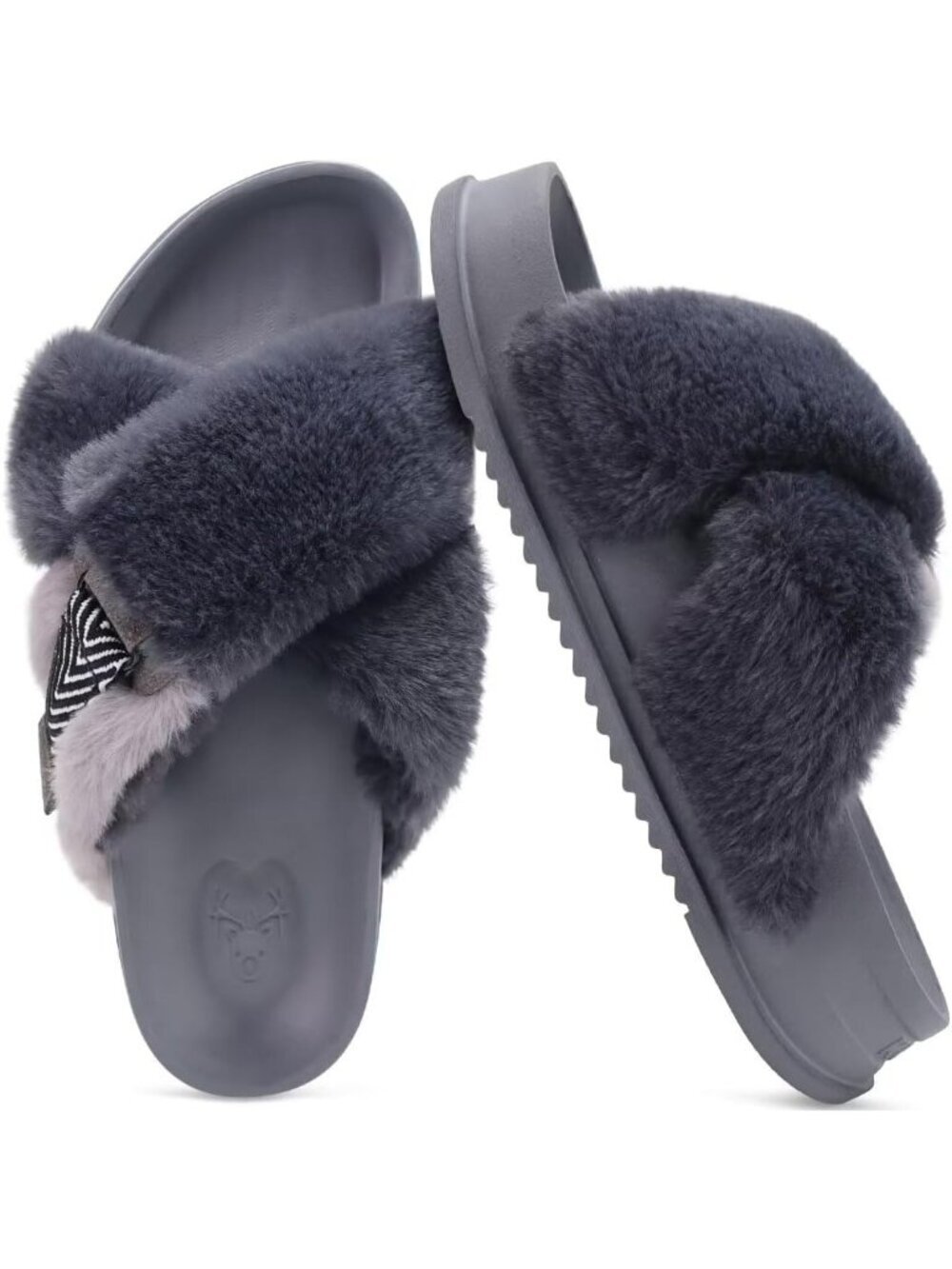 Women's Grey Fuzzy Cross Band Platform Slippers Comfortable Indoor Outdoor